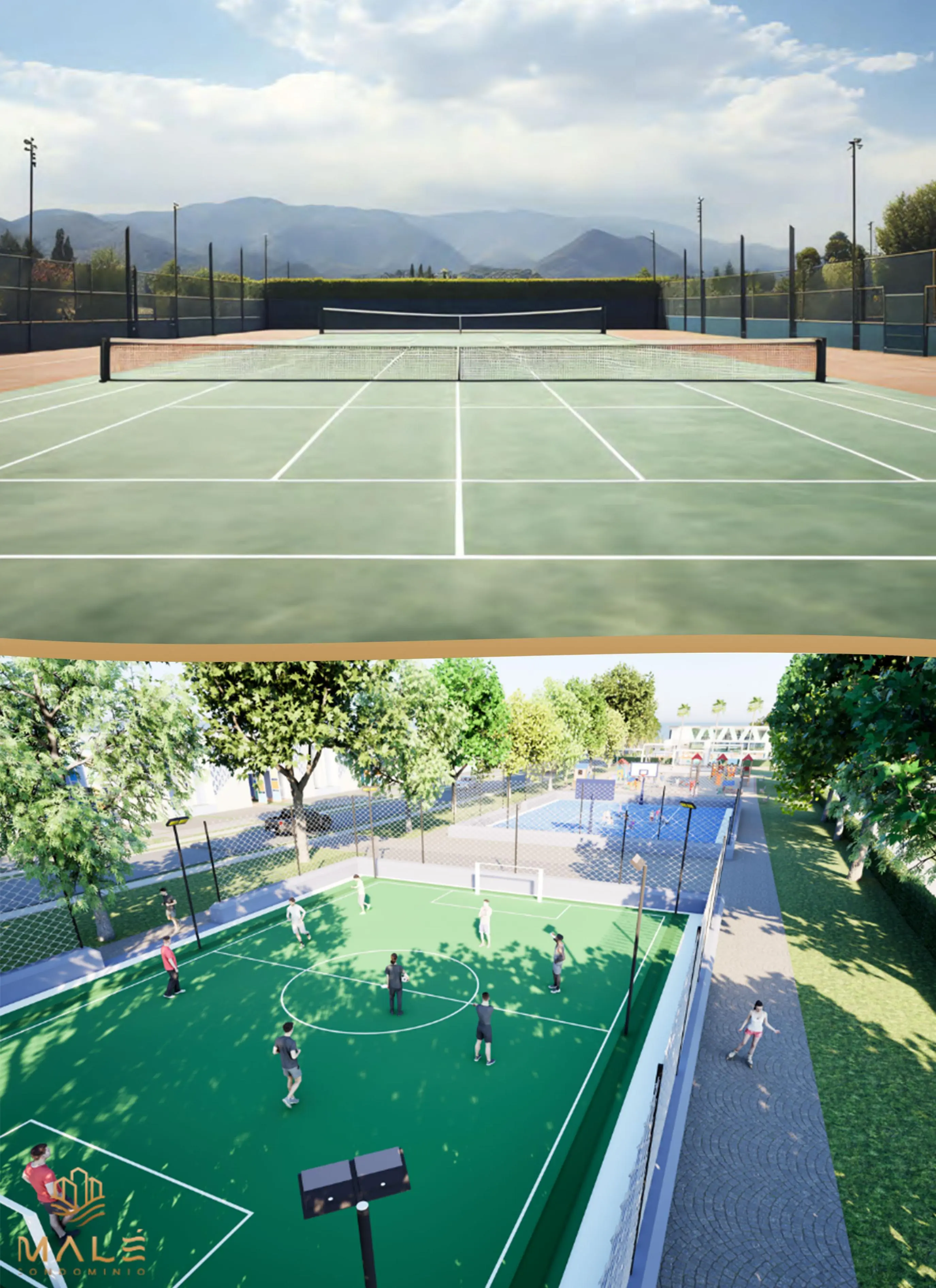 Render de cancha y zonas deportivas proyectadas.