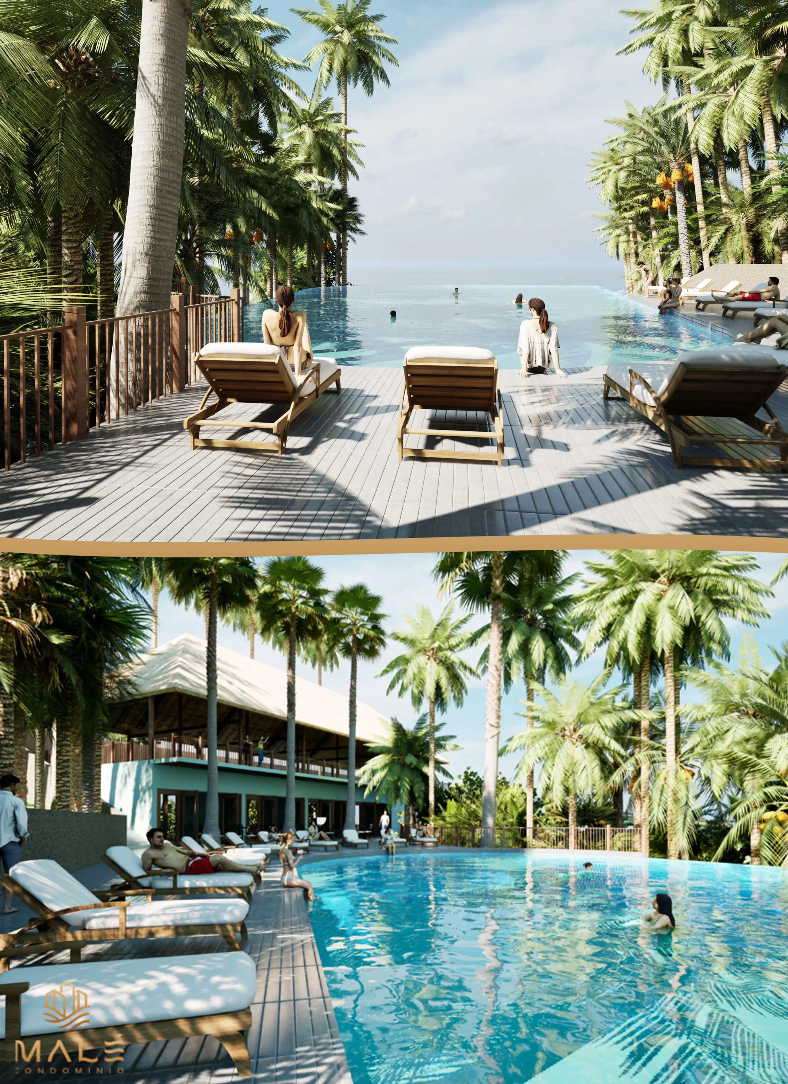 Render de piscina y entorno proyectado.