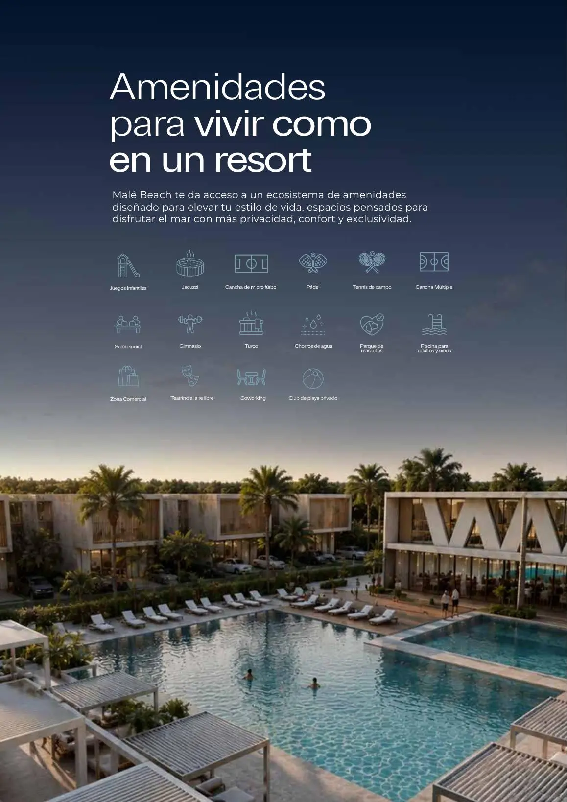 Render ilustrativo de amenidades y piscina.