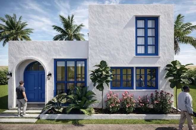 Modelo ilustrativo de vivienda mediterránea. La casa no está incluida en el precio del lote.