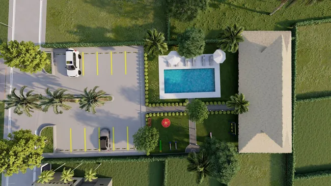 Render aéreo de la zona social de El Recreo.