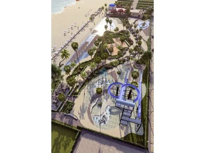 Render general del proyecto frente al mar y sus zonas recreativas.