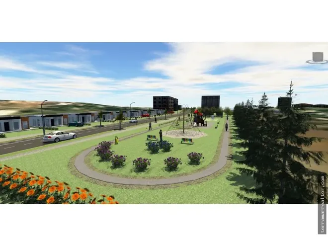 Render del parque y entorno residencial de Villa Esmeralda.