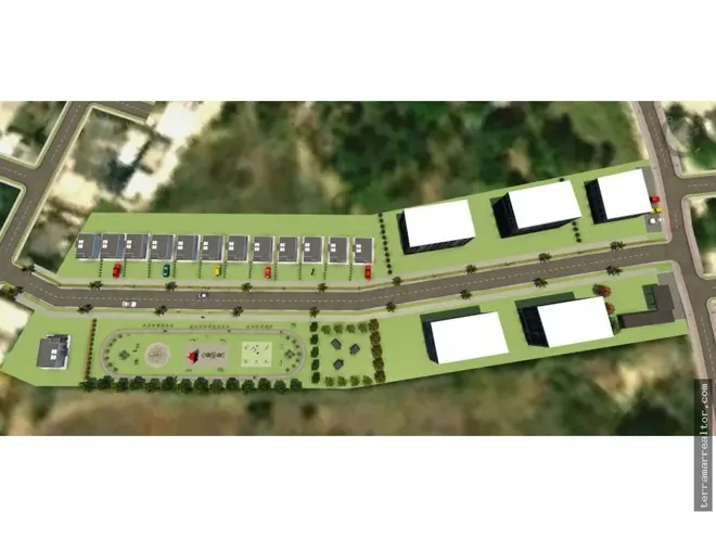 Render aéreo de la distribución del proyecto Villa Esmeralda.